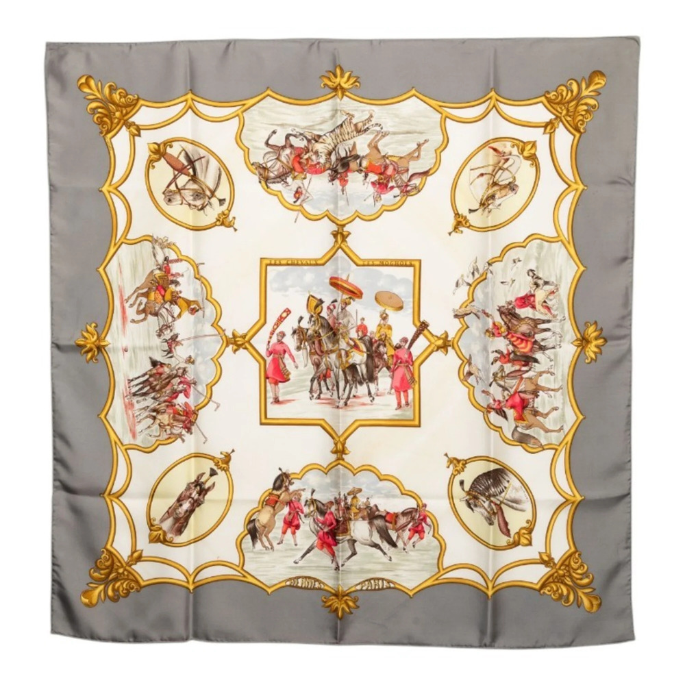Hermes Carre 90 LES CHEVAUX DES MOGHOLS (Mughal Horses) Scarf/Muffler, Gray M...